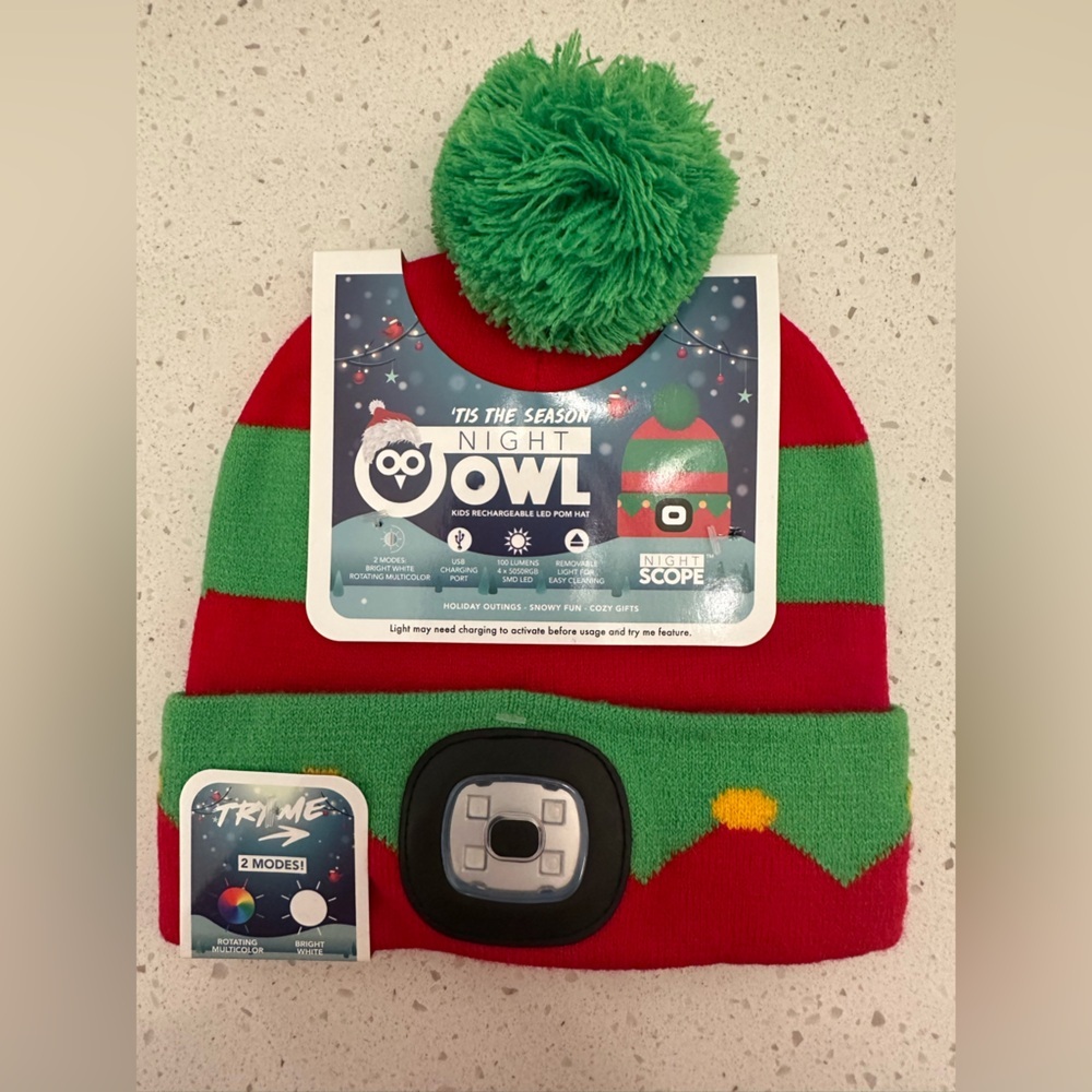 Kids Night Owl LED Rechargeable Knit Beanie Head Lamp Pom Pom Hat
